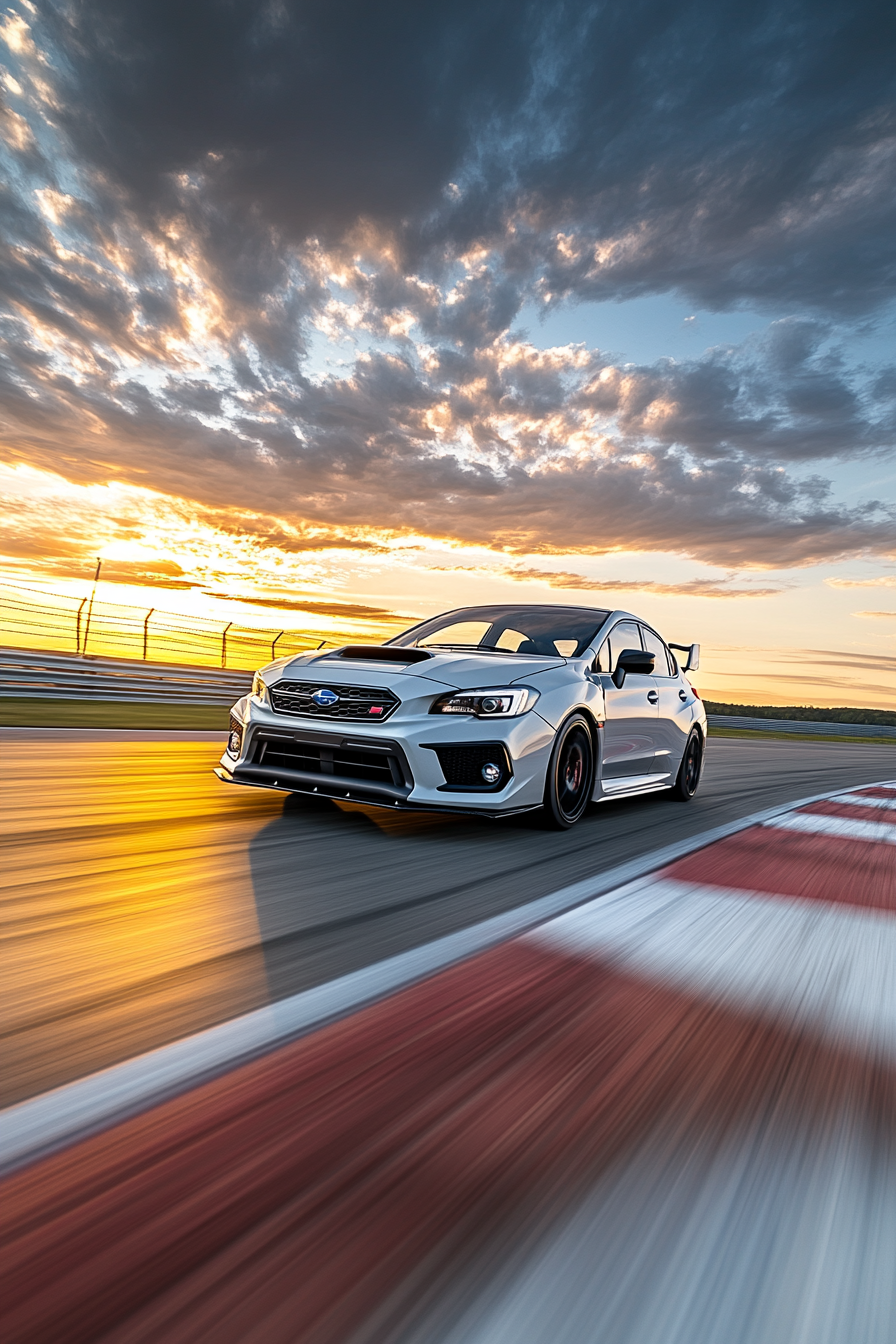 Subaru Impreza WRX racing at sunset on track.