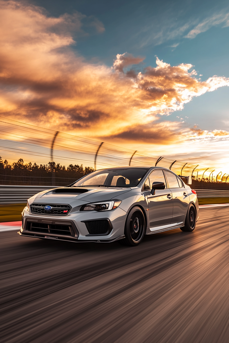 Subaru Impreza racing at sunset. Shot on Sony camera.