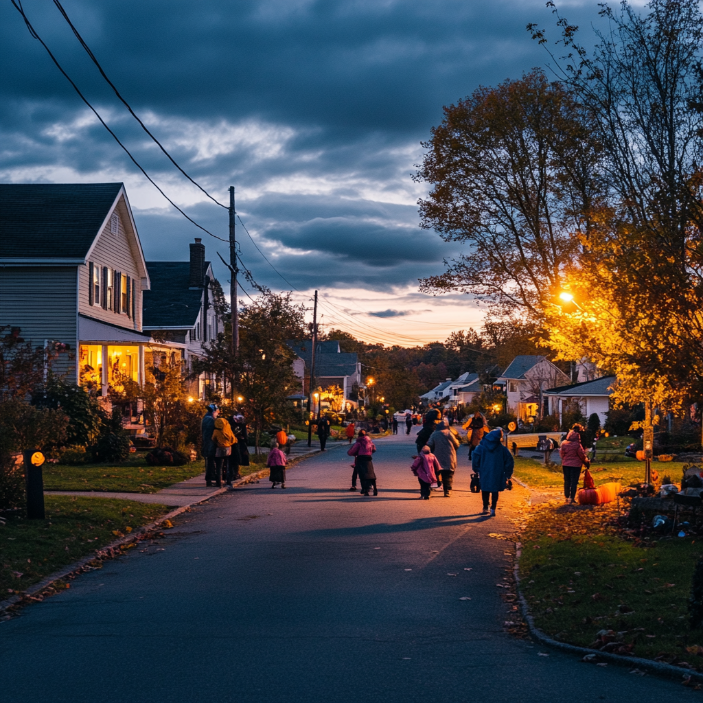 Suburban Halloween Neighborhood 4K Dusk Trick or Treating