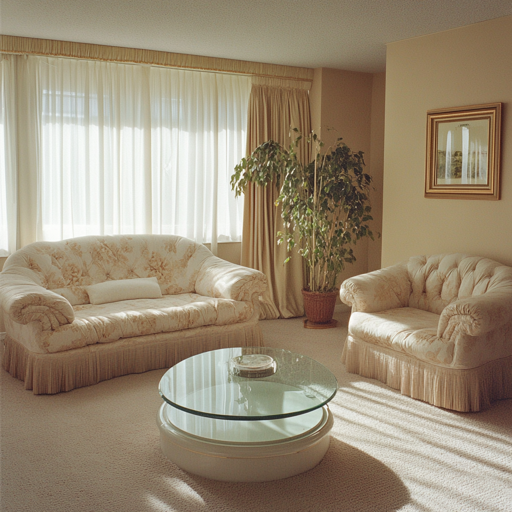 Suburban bathroom with couches, table, curtains, pillows, 80's design.