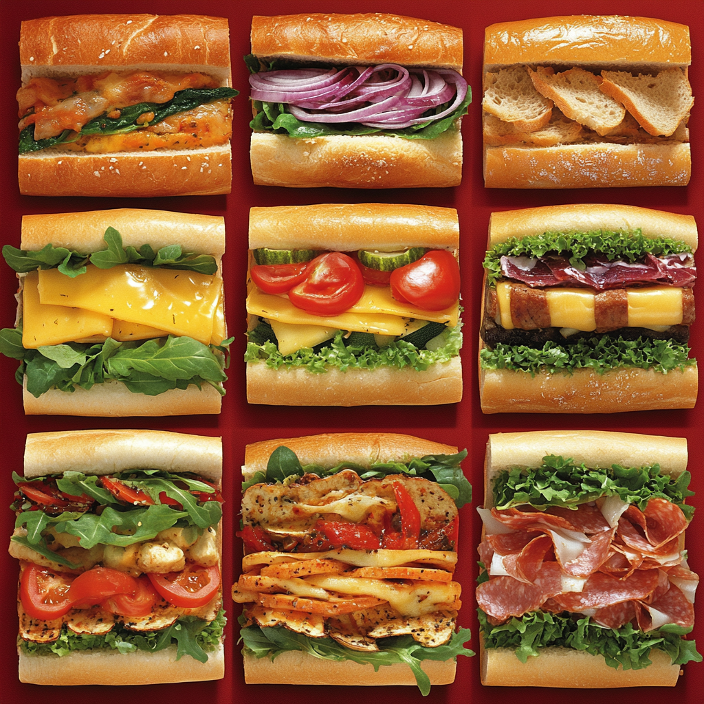 Subway restaurant wall art showing bread, vegetables, cheese.