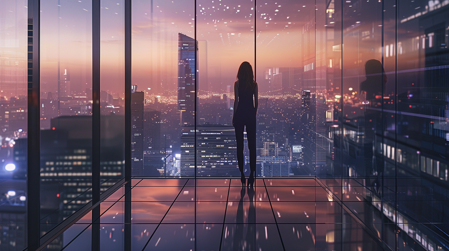 Successful businesswoman gazes at city skyline from glass office.