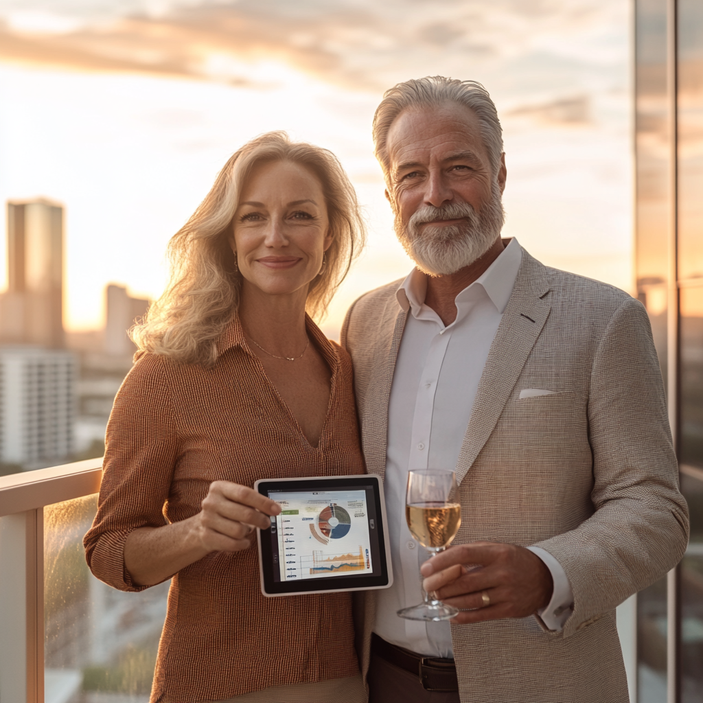 Successful couple in 60s on luxurious condo balcony.