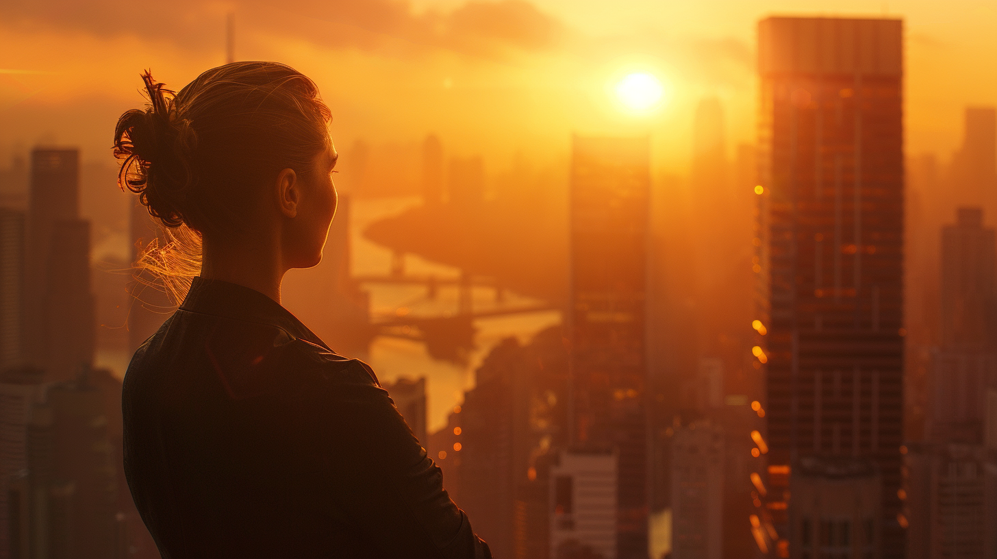 Successful woman overlooking city skyline at sunset glow.