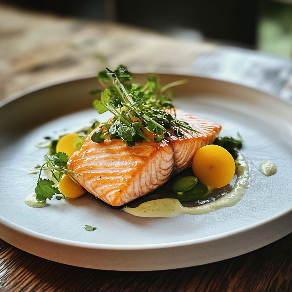 Succulent salmon dish with fresh ingredients, colorful textures.