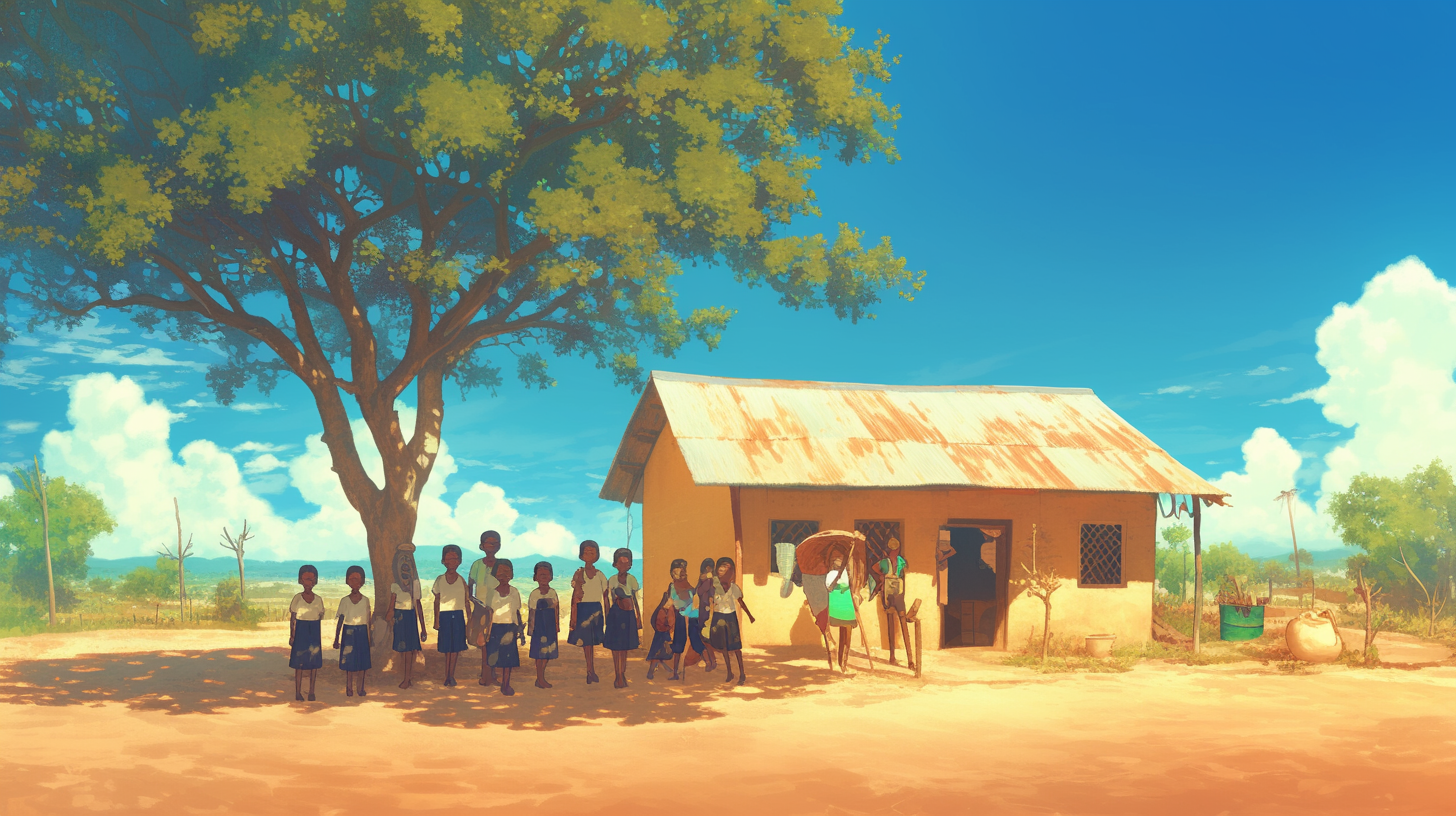 Sudanese children at school: anime-style illustration in Africa.