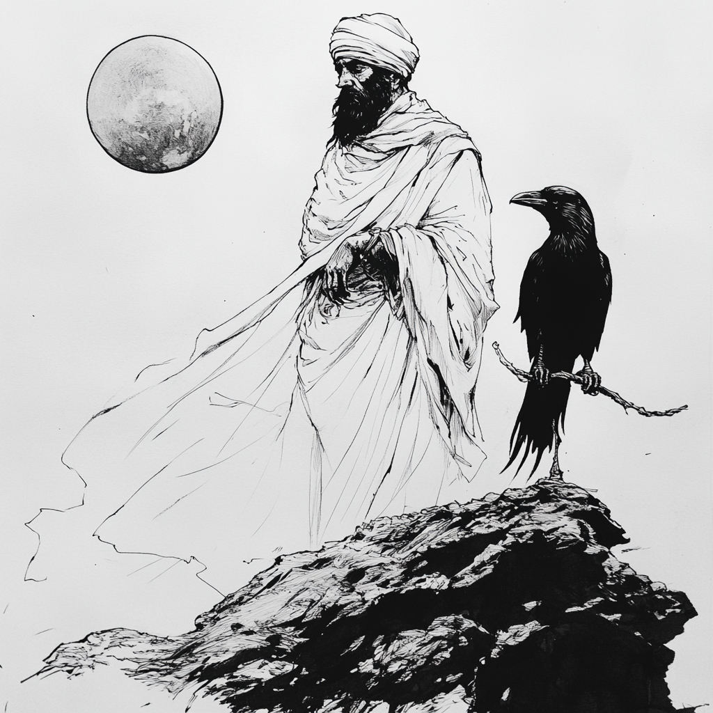 Sufi mystic in white robes with three-legged crow.