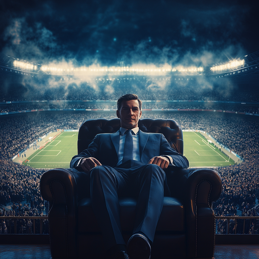 Suited Man in VIP Stadium Seat Under Floodlights