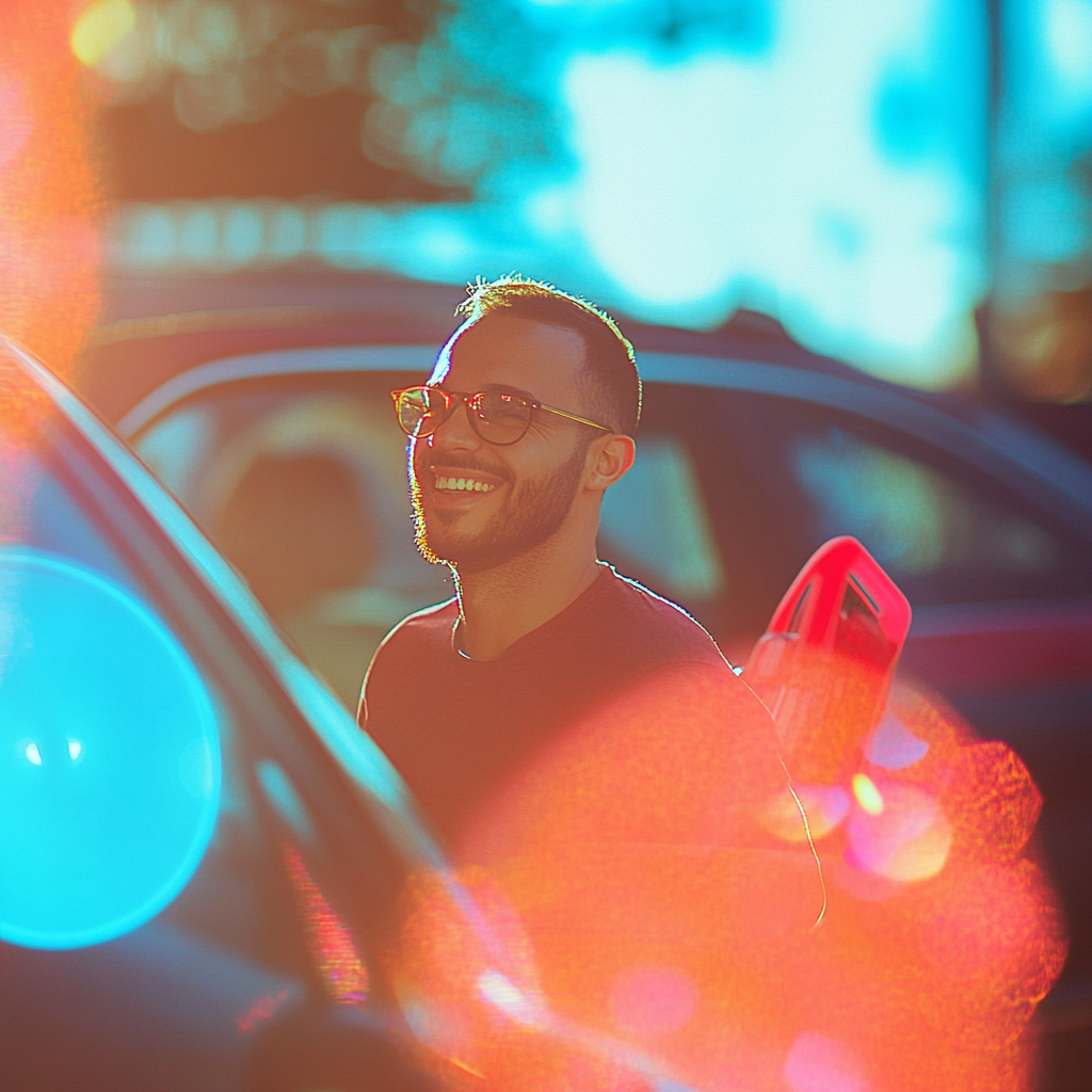 Summer Day: Happy Man with Car and Vacuum.