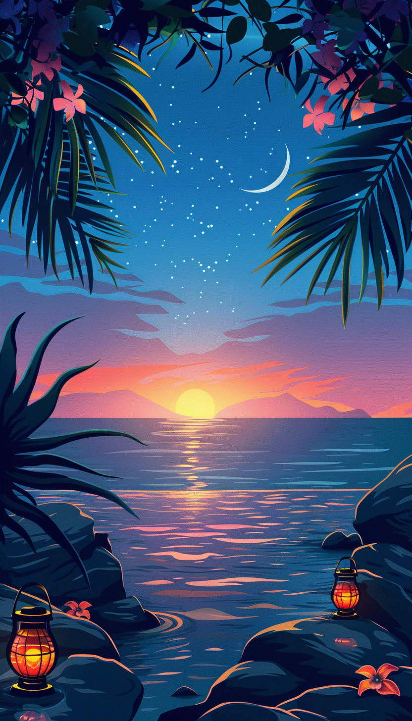 Summer night transition, sea, sunset, lantern, palm leaves