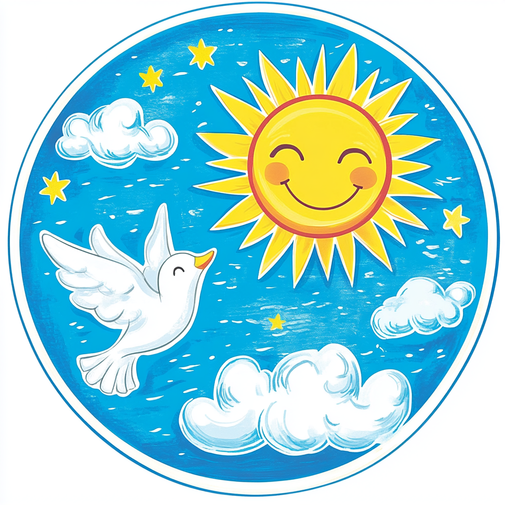 Sun, smile, dove, blue sky, white clouds logo design.