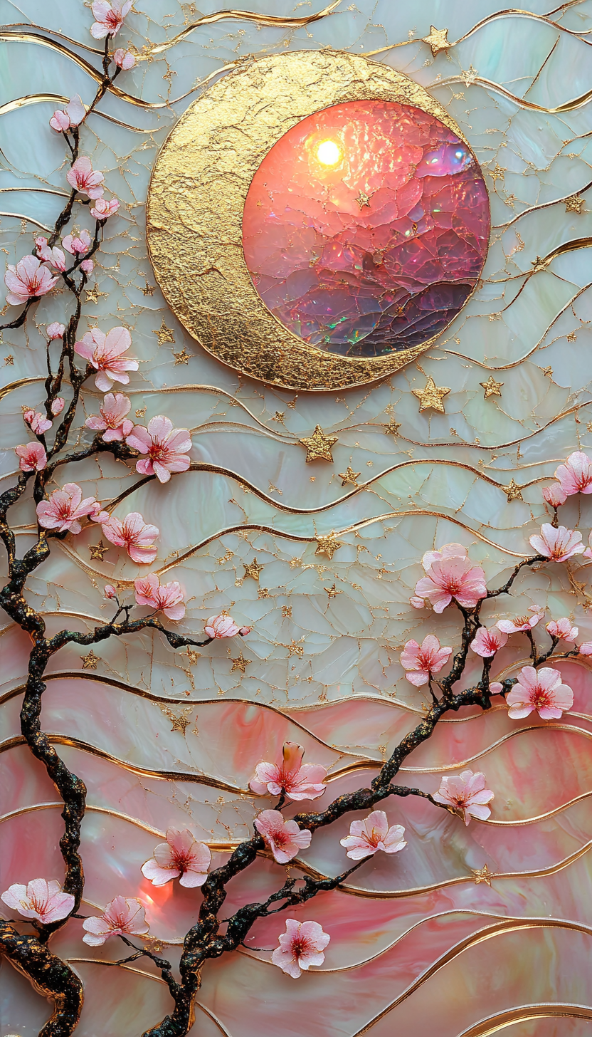 Sun and moon in pink, gold, and opal setting.