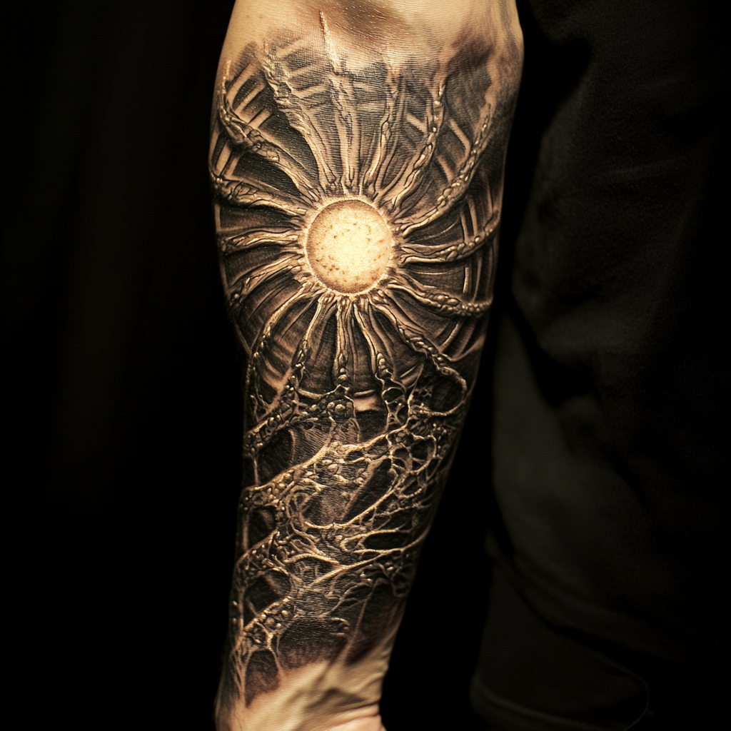 Sun-centered bioorganic tattoo sleeve with futuristic structure