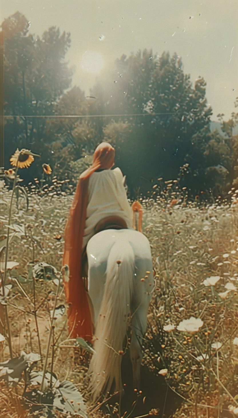 Sun shining above baby on horse in sunflower forest.