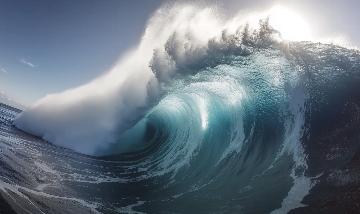 Sun shining on big wave splashing turquoise water