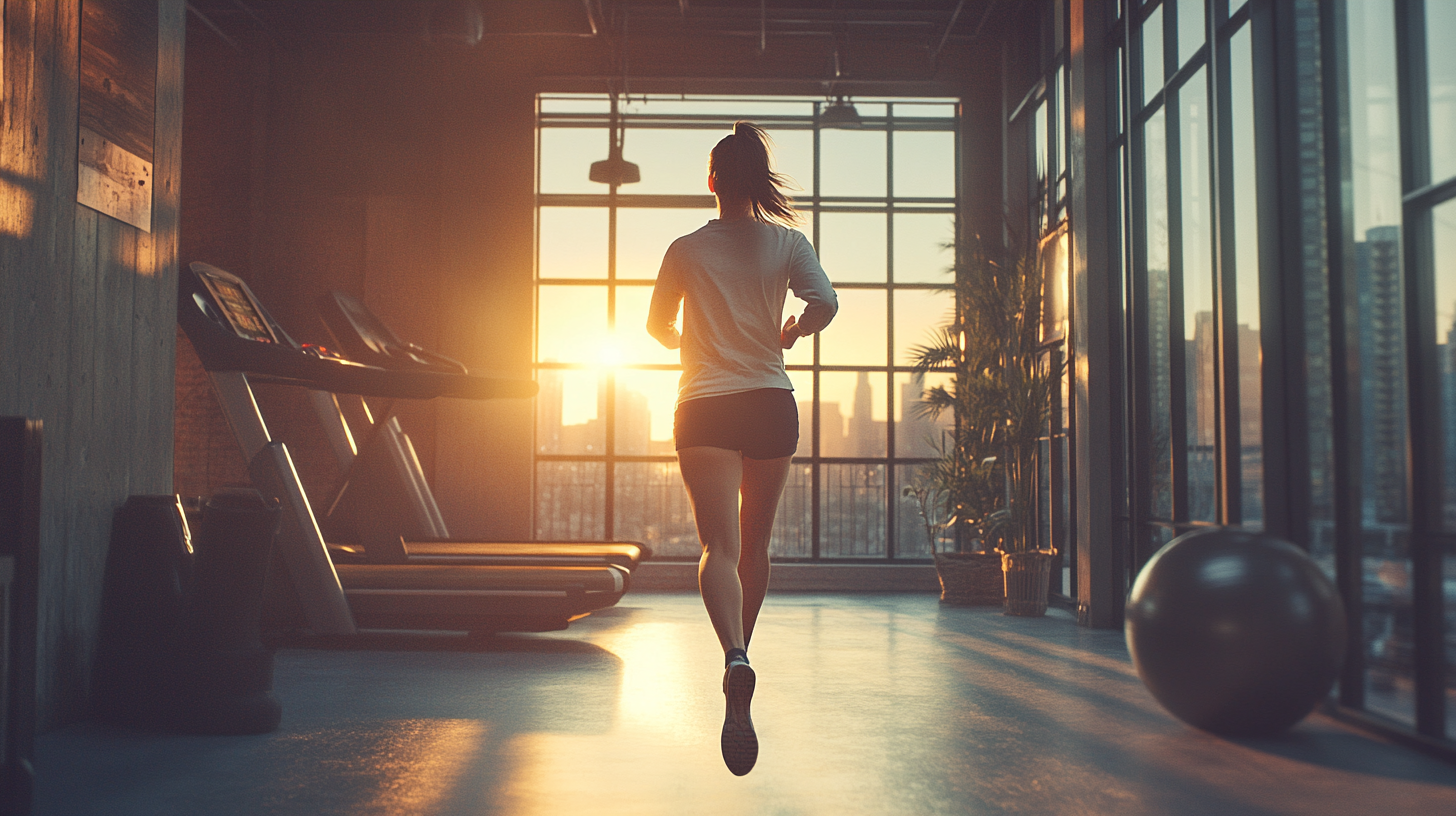 Sun shining on modern loft set, mom on treadmill.