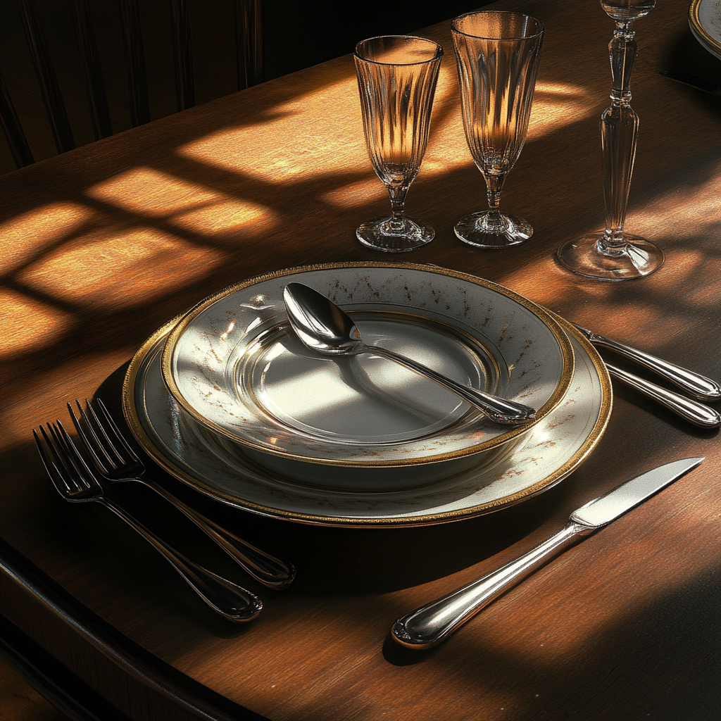 Sunlight accents clown-style flatware on dining table