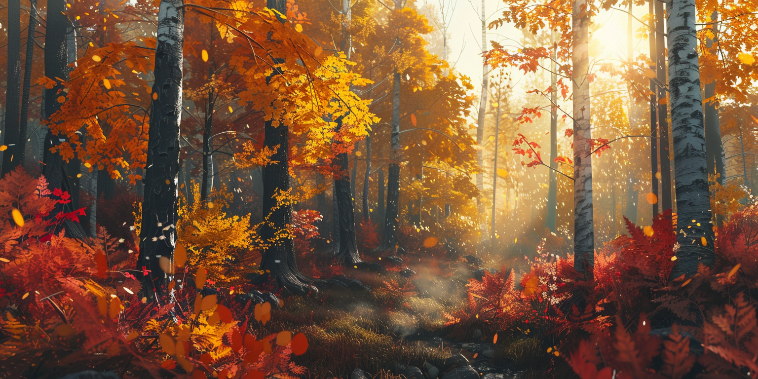 Sunlight shines through colorful autumn forest landscape