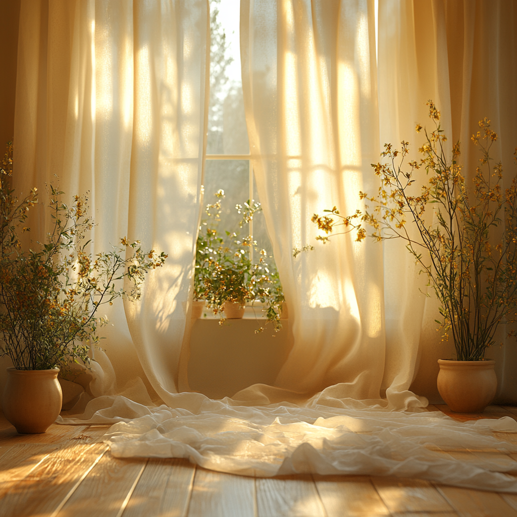 Sunlight through window, curtains, plants in room.