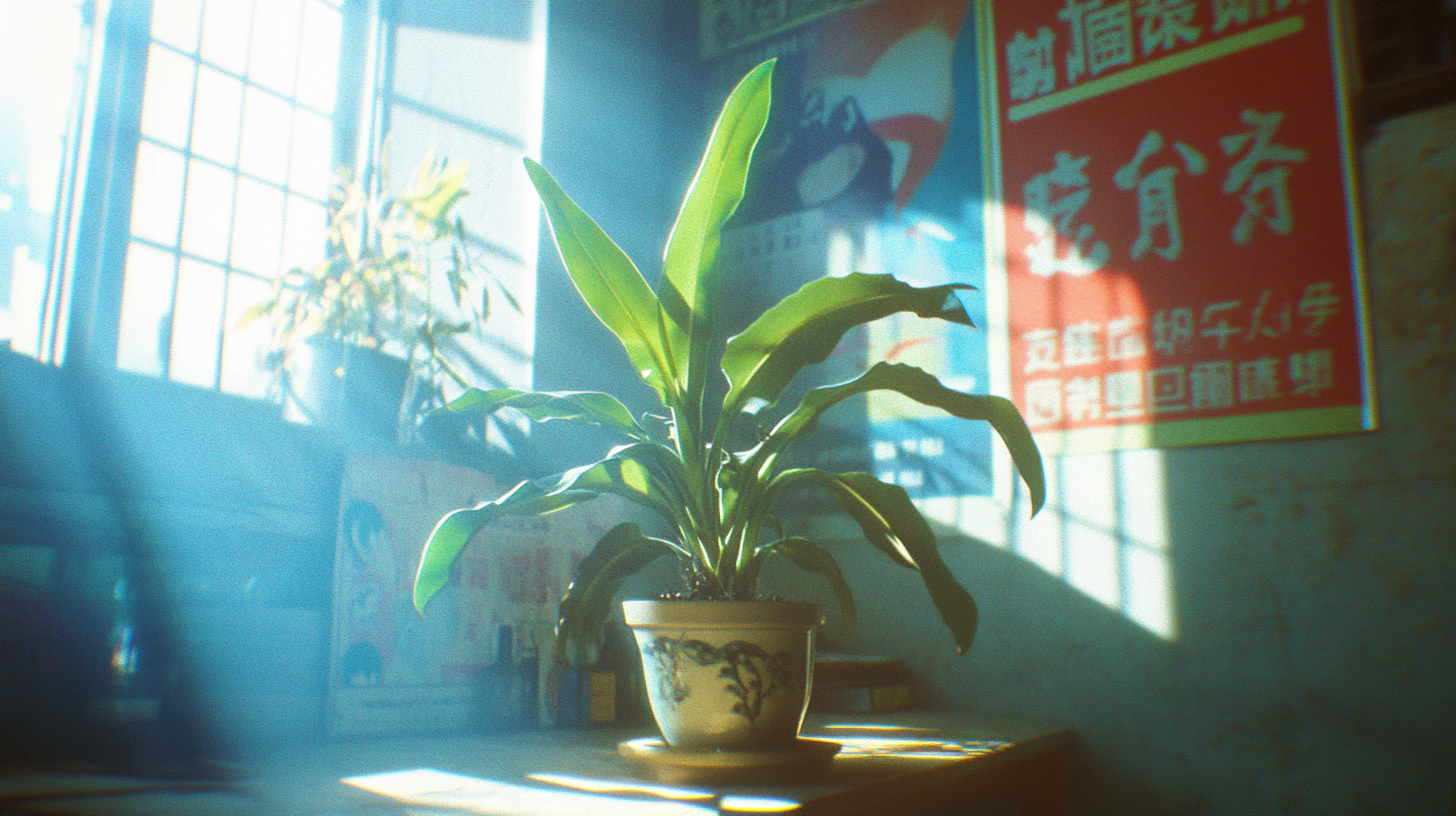 Sunlit Bird of Paradise Plant with Chinese Posters