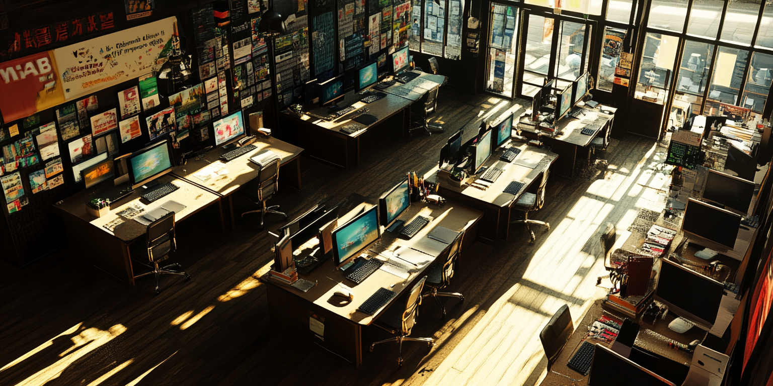 Sunlit Internet Café Interior, Ultrarealistic, 8K Overhead View