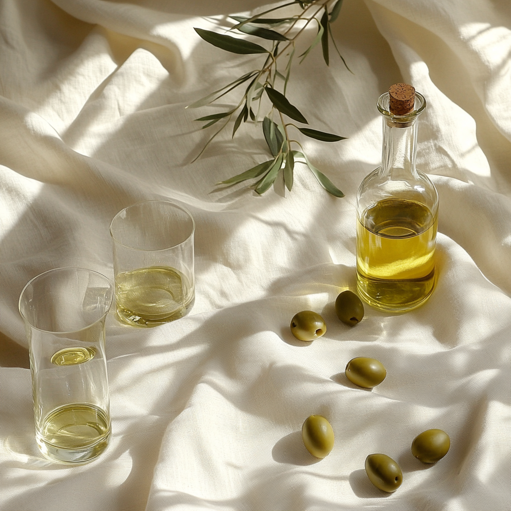 Sunlit linen table top with olives, olive branches, olive oil, and glasses.