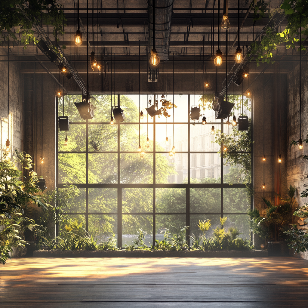 Sunlit performance room with stage, plants, and windows.