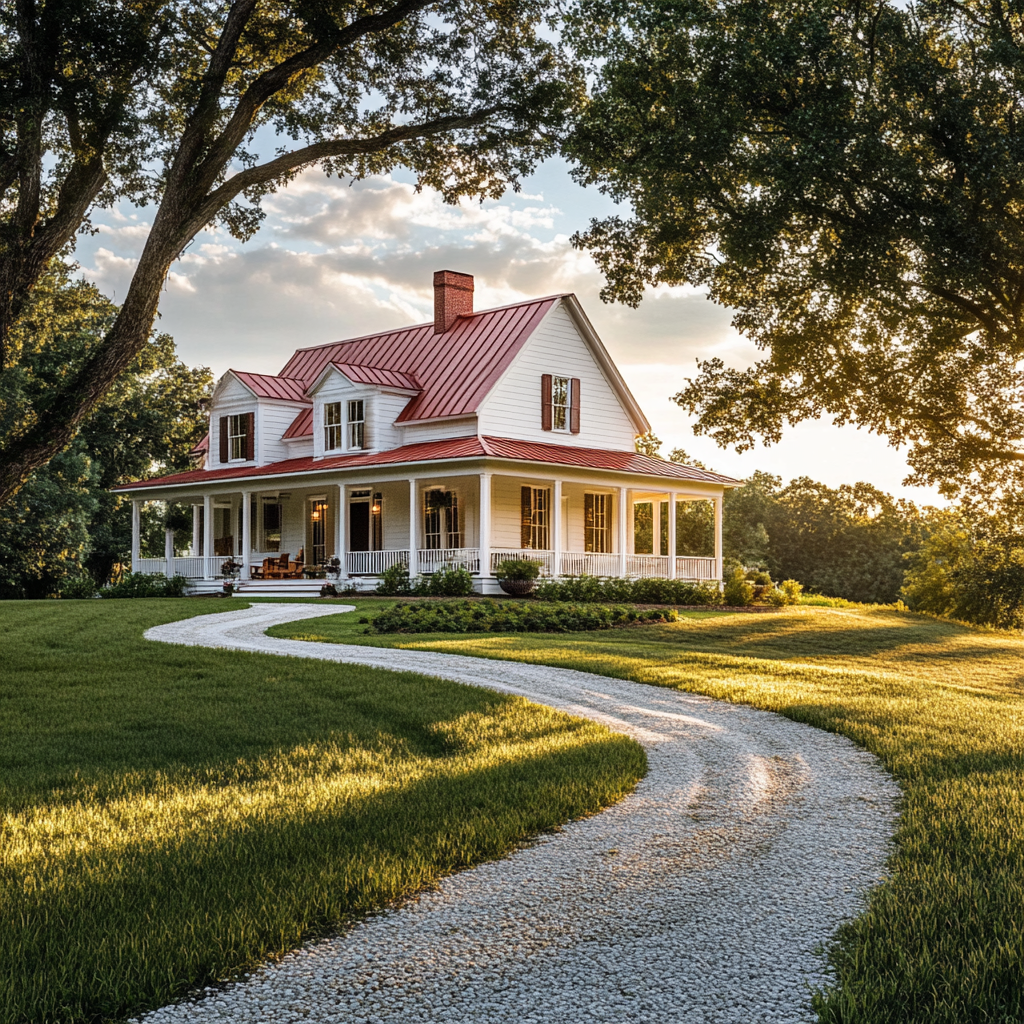 Sunlit white farmhouse with red roof, lush greenery