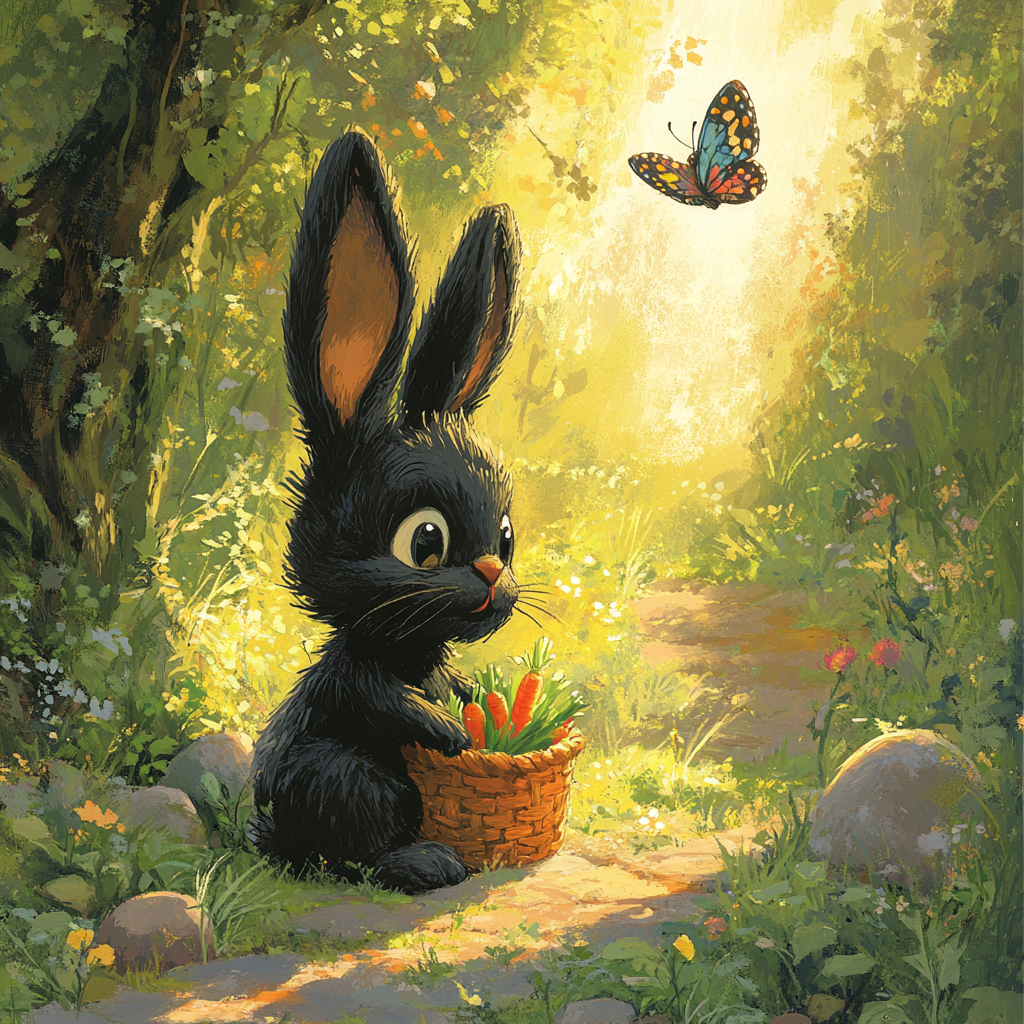 Sunny day in forest, Bunny Shoesley picks carrots. Butterfly advice.