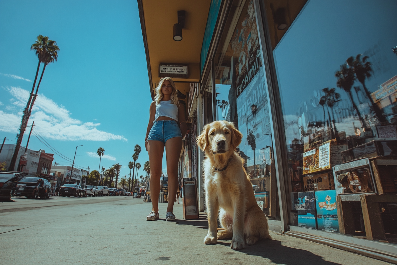 Sunny day with woman and puppy in LA