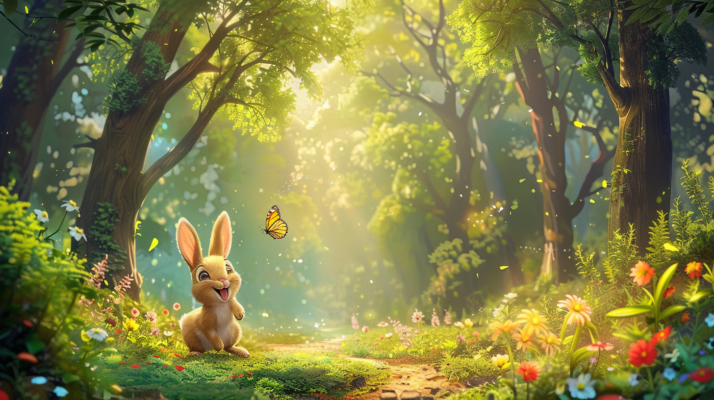 Sunny forest day with small bunny and butterfly.