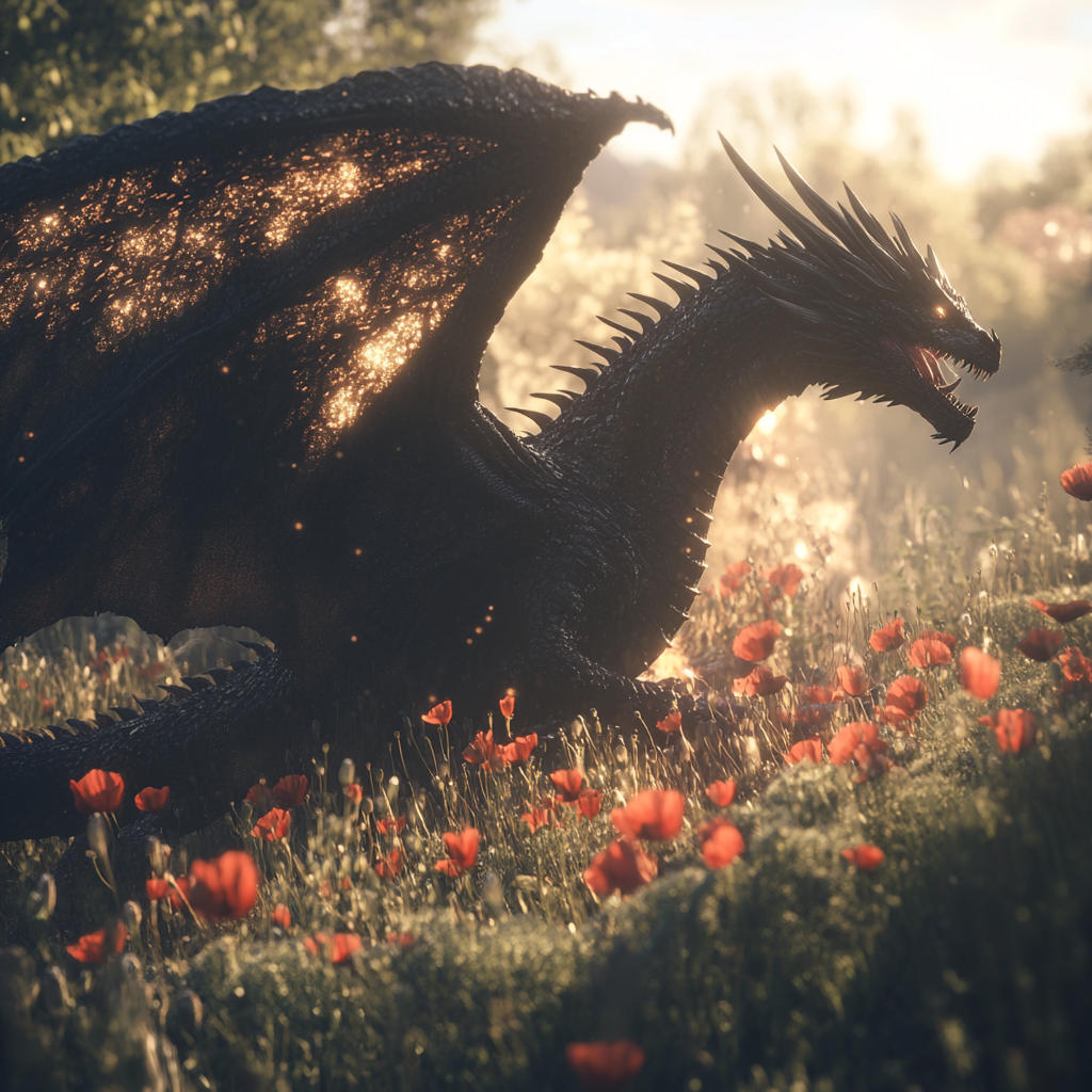 Sunny grass field, black dragon, shiny wings, roar, detail.