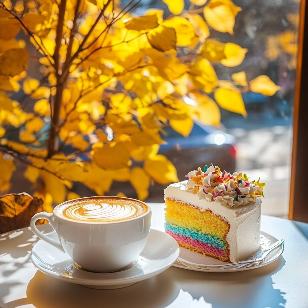 Sunny morning with coffee, cake, and flowers