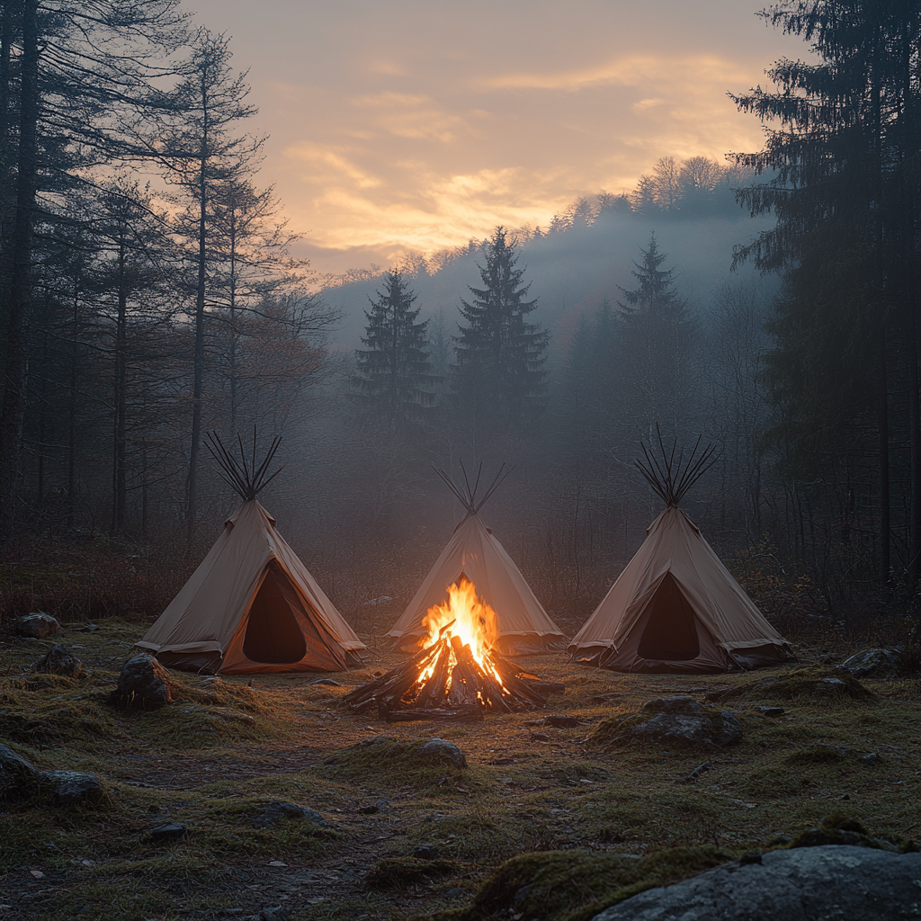 Sunrise Bonfire and Tents in Autumn Forest