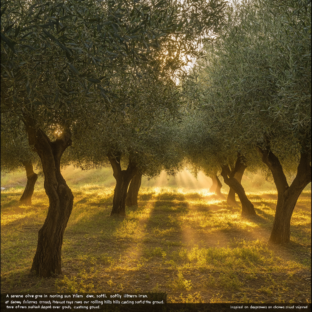 Sunrise in Iranian olive grove with farmers harvesting