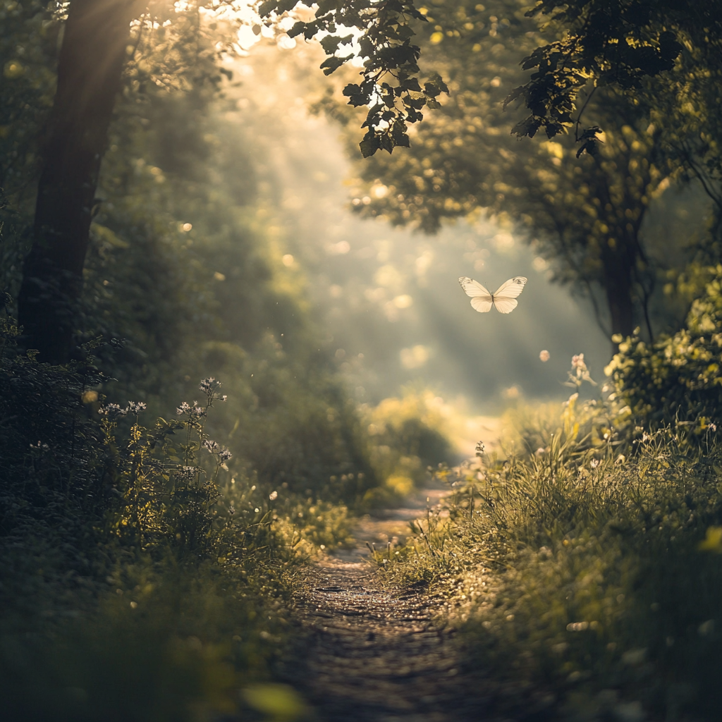 Sunrise in nature with peaceful forest and pretty butterfly.