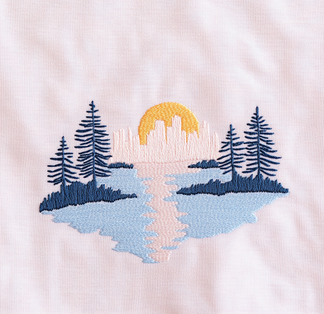 Sunrise over City: River, Trees & Skyline Embroidery