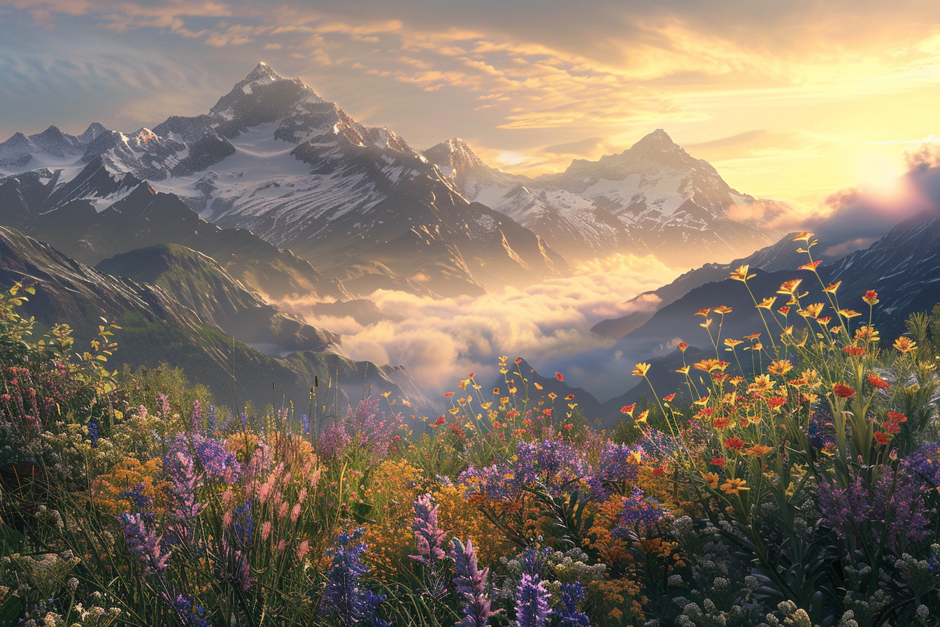 Sunrise over misty mountains, wildflowers, snow-capped peaks, 8K.