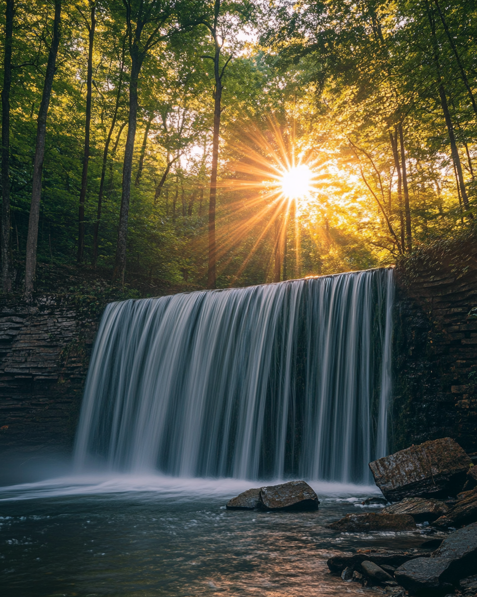 Sunrise waterfall with light rays, Sony Alpha 16-35mm lens.