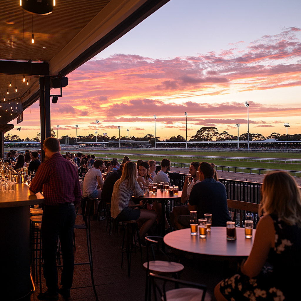 Sunset at Brisbane Racing Club with drink-filled tables.