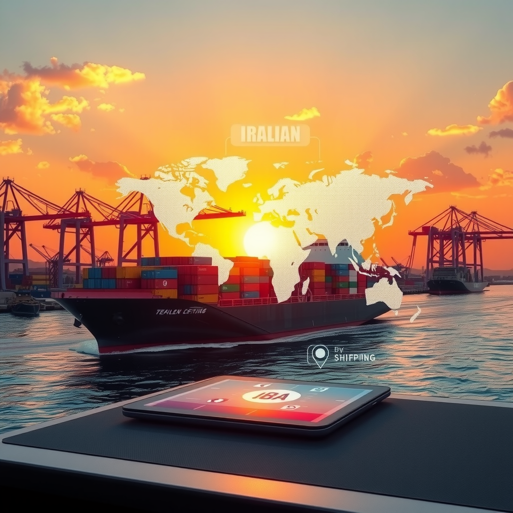 Sunset at Busy Shipping Port with High-Tech Tablet