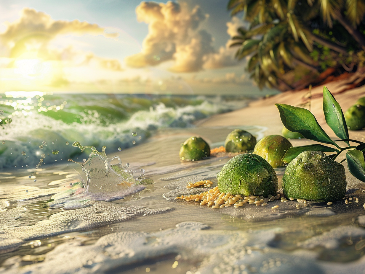 Sunset at Tropical Beach with Bergamot Fruits