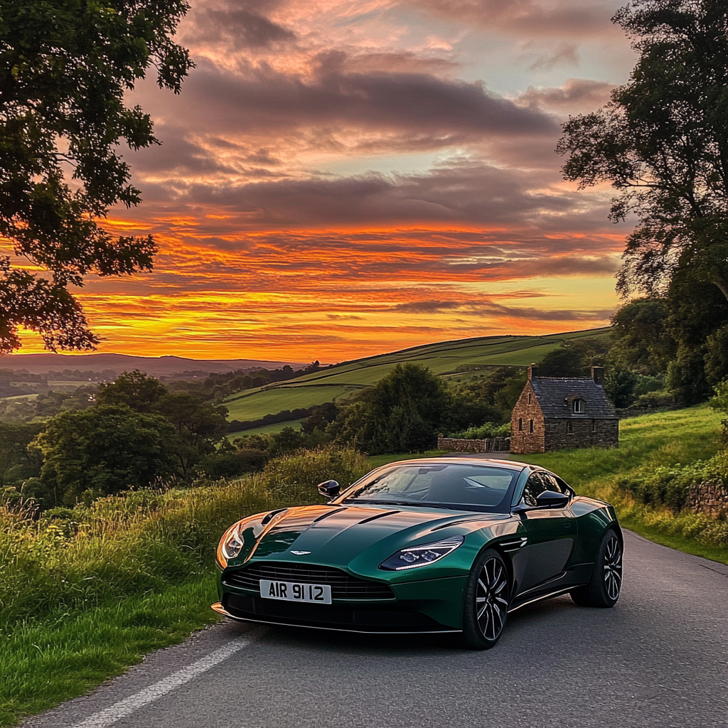 Sunset drive: Aston Martin DB12 in British countryside