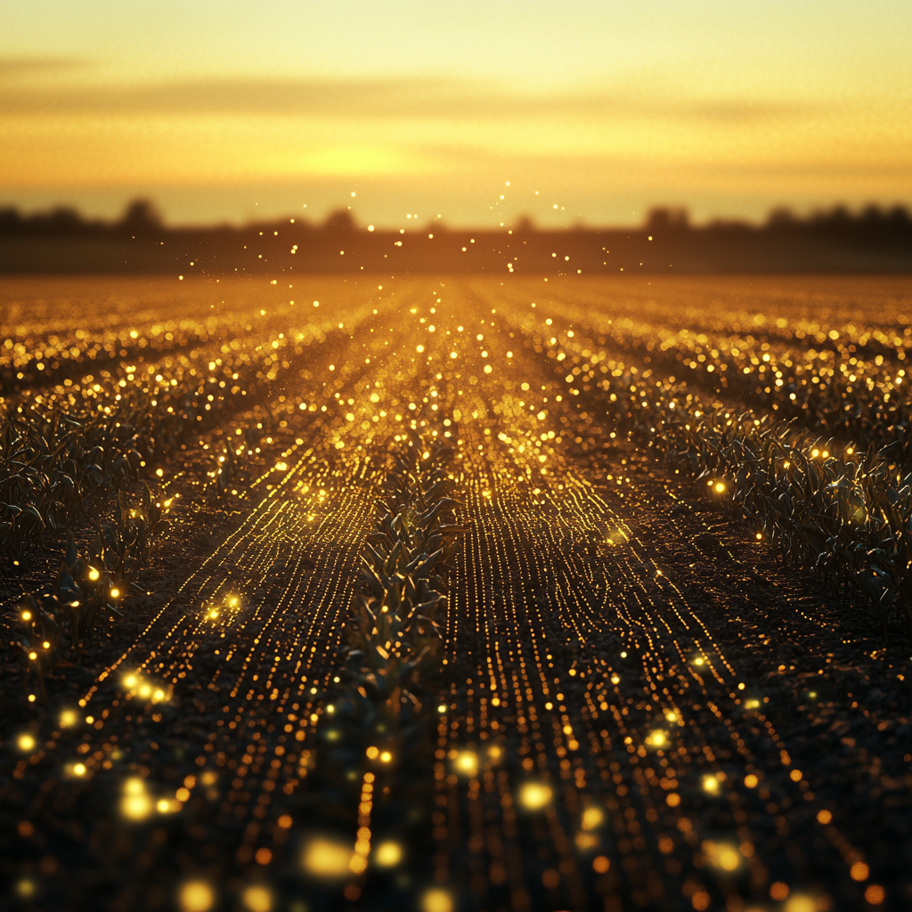 Sunset field with intricate dust particles resembling microchips