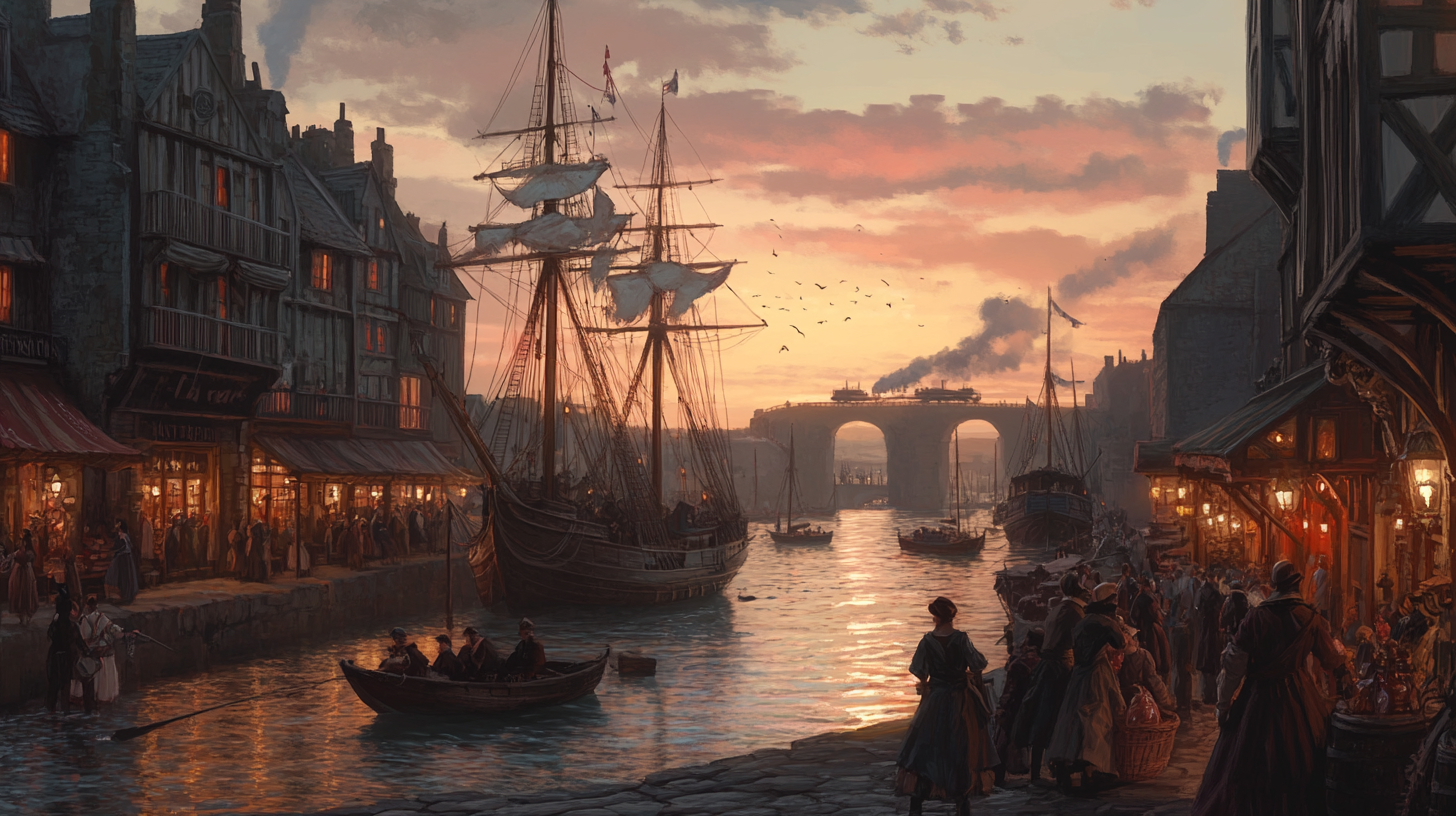 Sunset in 18th Century Cornish Harbor Scene