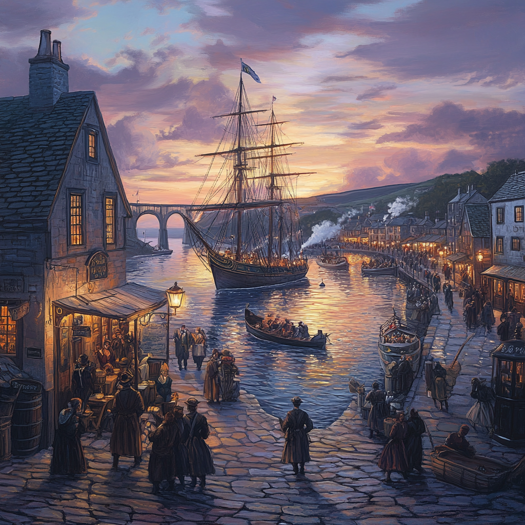 Sunset in Cornish Harbour: 18th Century Scene