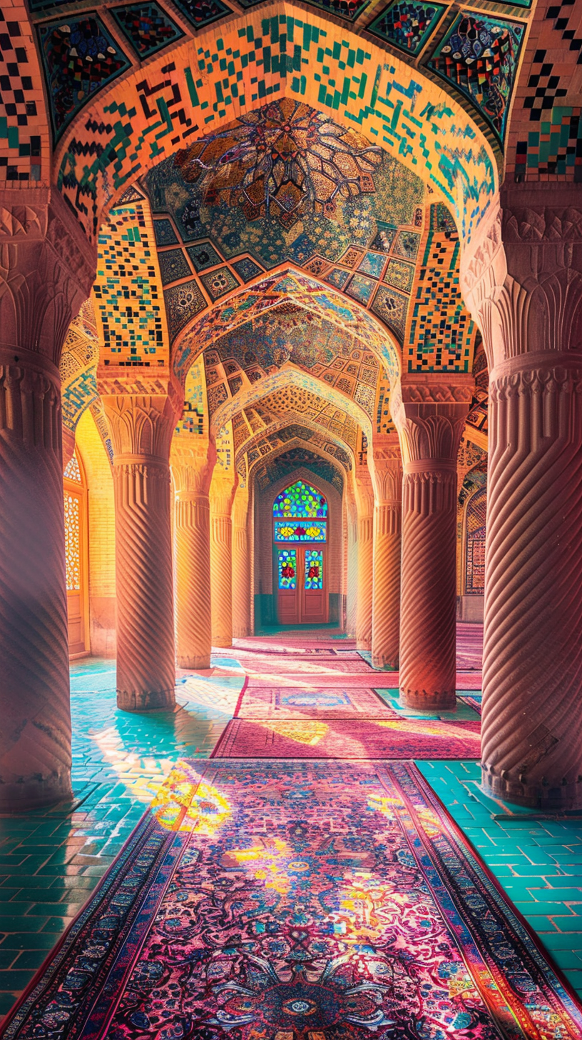 Sunset light through stained-glass windows in historical Iranian mosque.