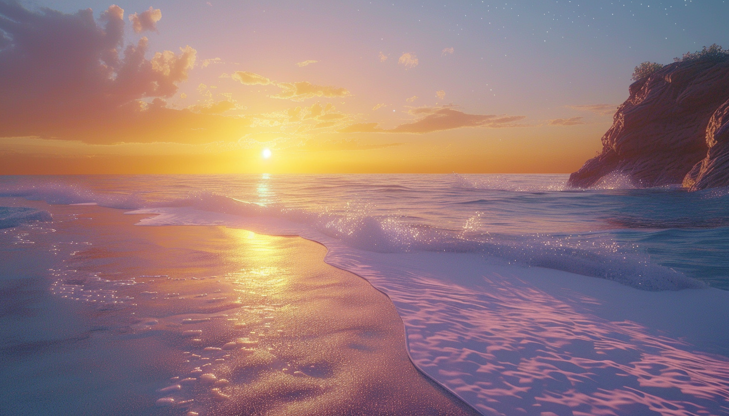 Sunset over Pristine Beach with Reflective Atmosphere