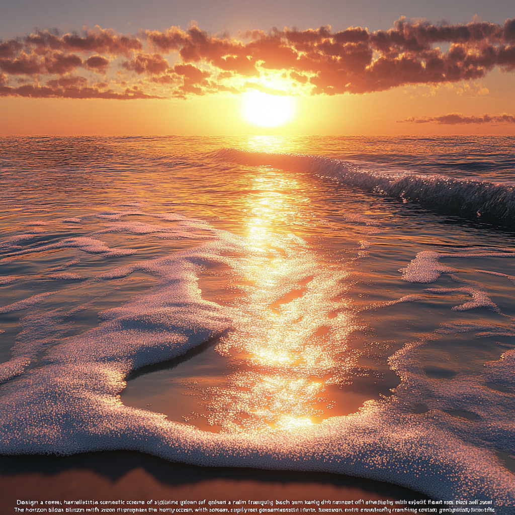 Sunset over calm beach with golden light reflecting off waves.