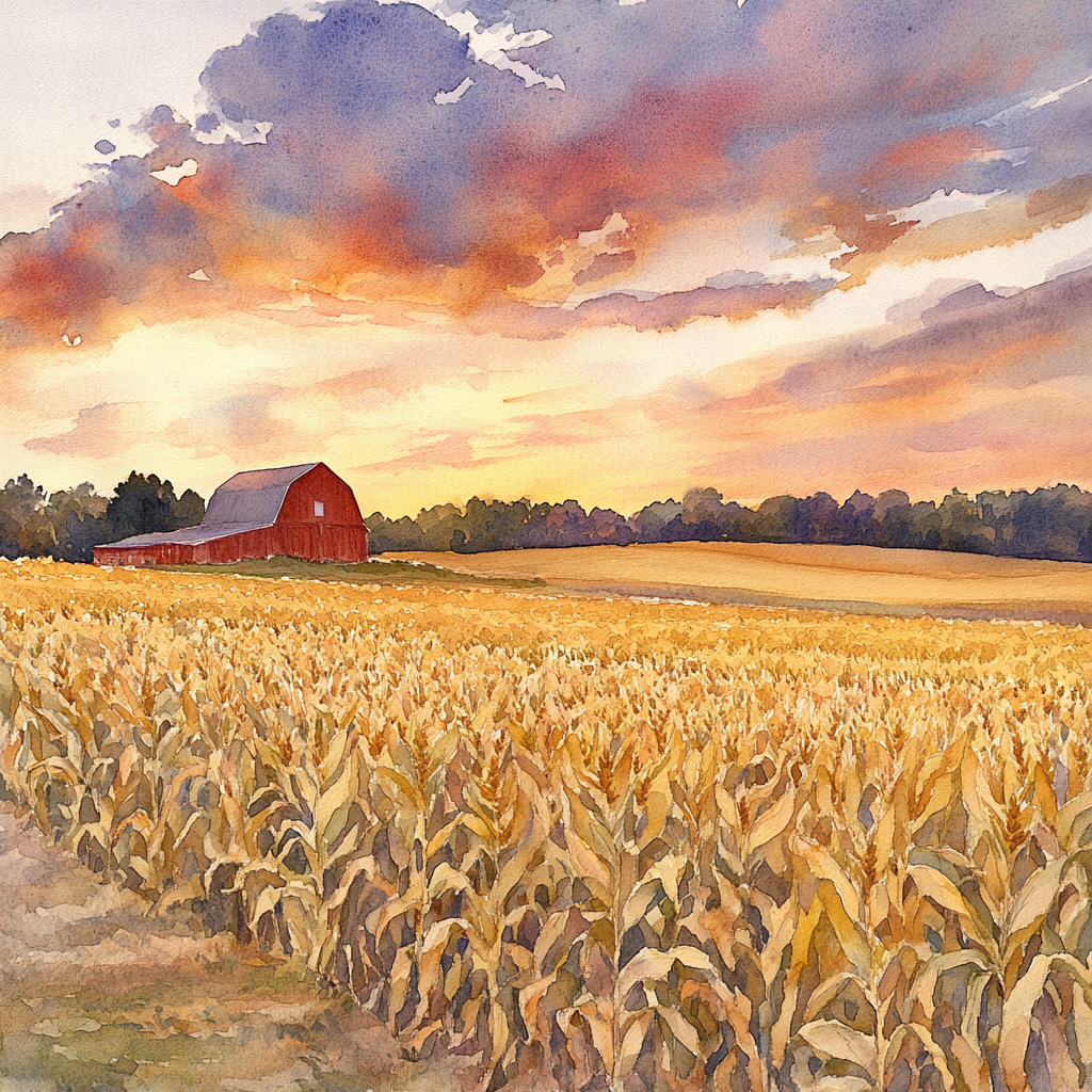 Sunset over golden cornfields, red barn in distance.